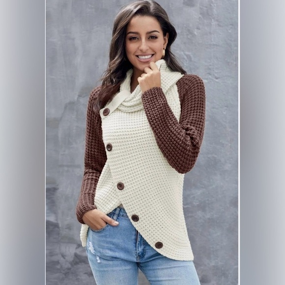 Sweaters - Women’s Button Turtle Cowl Neck Asymmetric Hem Wrap Pullover Sweater Size XL